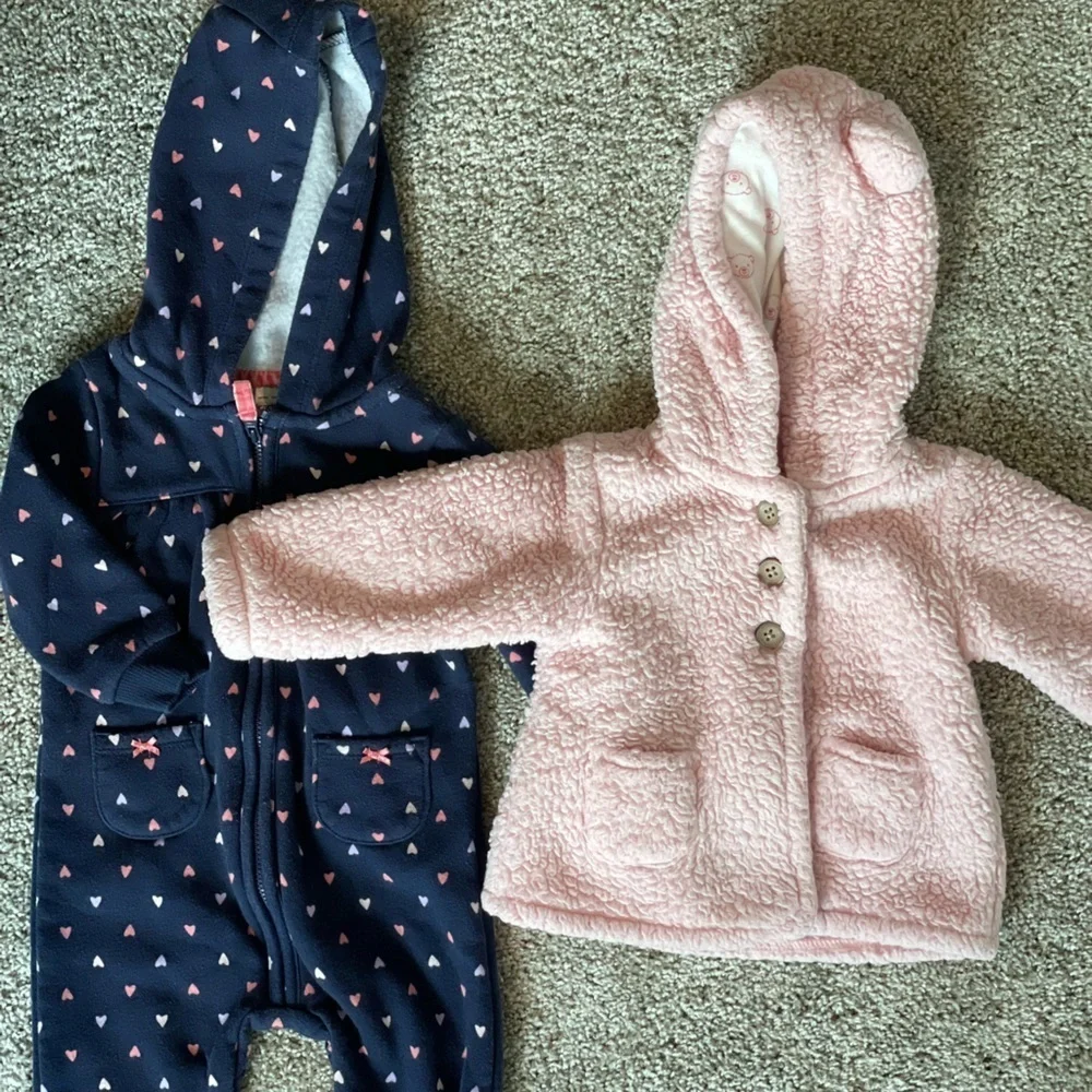 Carters baby girl pink fuzzy coat jacket and warm fleece hooded jumpsuit size 9M